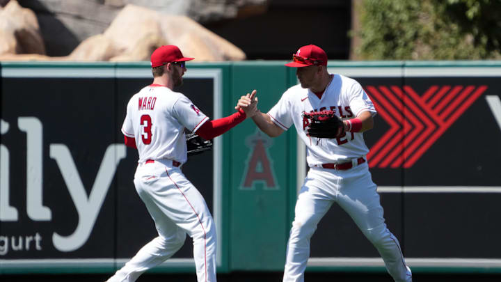Jul 2, 2023; Anaheim, California, USA; Los Angeles Angels left fielder Taylor Ward (3) and center fielder Mike Trout (27) celebrate at the end of the game against the Arizona Diamondbacks at Angel Stadium. Mandatory Credit: Kirby Lee-Imagn Images Jul 2, 2023; Anaheim, California, USA; Los Angeles Angels left fielder Taylor Ward (3) and center fielder Mike Trout (27) celebrate at the end of the game against the Arizona Diamondbacks at Angel Stadium. Mandatory Credit: Kirby Lee-Imagn Images