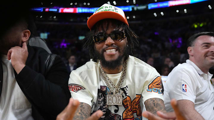 May 20, 2023; Los Angeles, California, USA; DeSean Jackson poses during game three of the Western Conference Finals for the 2023 NBA playoffs between the Los Angeles Lakers and the Denver Nuggets at Crypto.com Arena. Mandatory Credit: Kirby Lee-Imagn Images