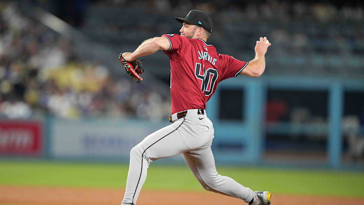 Jul 3, 2024; Los Angeles, California, USA; Arizona Diamondbacks relief pitcher Bryce Jarvis (40)  throws in the sixth inning against the Los Angeles Dodgers at Dodger Stadium. Mandatory Credit: Kirby Lee-Imagn Images