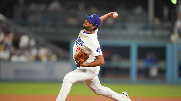 Jul 3, 2024; Los Angeles, California, USA; Los Angeles Dodgers pitcher Michael Petersen throws in the eighth inning against the Arizona Diamondbacks at Dodger Stadium. Mandatory Credit: Kirby Lee-Imagn Images Jul 3, 2024; Los Angeles, California, USA; Los Angeles Dodgers pitcher Michael Petersen throws in the eighth inning against the Arizona Diamondbacks at Dodger Stadium. Mandatory Credit: Kirby Lee-Imagn Images