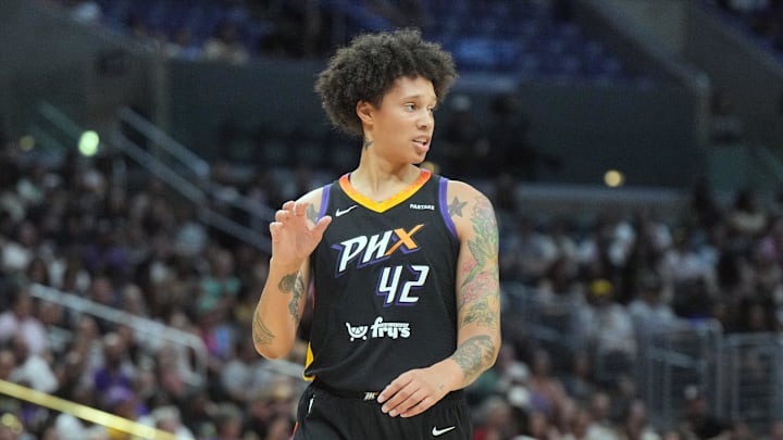 Jul 7, 2024; Los Angeles, California, USA; Phoenix Mercury center Brittney Griner (42) reacts against the LA Sparks in the first half at Crypto.com Arena. Mandatory Credit: Kirby Lee-Imagn Images Jul 7, 2024; Los Angeles, California, USA; Phoenix Mercury center Brittney Griner (42) reacts against the LA Sparks in the first half at Crypto.com Arena. Mandatory Credit: Kirby Lee-Imagn Images