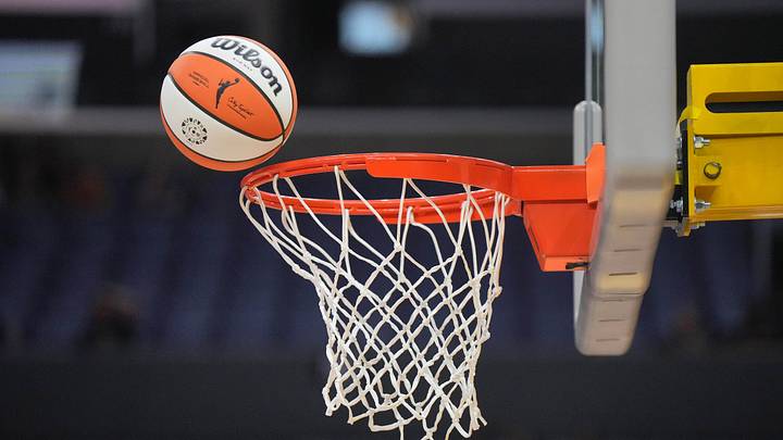 Jul 7, 2024; Los Angeles, California, USA; A Wilson official WNBA Evo NXT basketball approaches the net and rim at the Crypto.com Arena. Mandatory Credit: Kirby Lee-Imagn Images Jul 7, 2024; Los Angeles, California, USA; A Wilson official WNBA Evo NXT basketball approaches the net and rim at the Crypto.com Arena. Mandatory Credit: Kirby Lee-Imagn Images