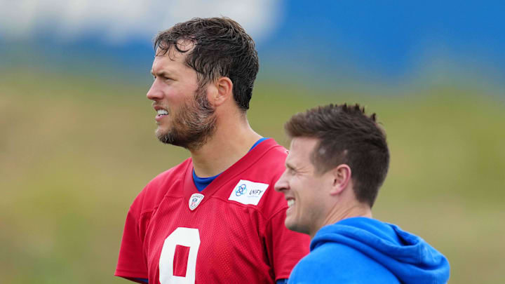 May 23, 2023, Thousand Oaks, CA, USA; Los Angeles Rams quarterback Matthew Stafford (9) and offensive coordinator Mike LaFleur during organized team activities at Cal Lutheran. Mandatory Credit: Kirby Lee-Imagn Images