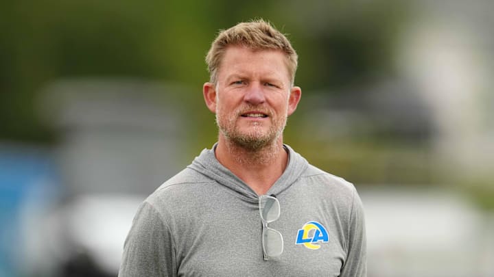 May 23, 2023, Thousand Oaks, CA, USA; Los Angeles Rams general manager Les Snead during organized team activities at Cal Lutheran. Mandatory Credit: Kirby Lee-Imagn Images