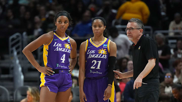 LA Sparks guard Lexie Brown (4), guard Jordin Canada (21) and coach Curt Miller react during the second half against the Las Vegas Aces at Crypto.com Arena. 
