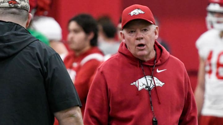 Arkansas Razorbacks offensive coordinator Bobby Petrino at a spring practice on the indoor practice field in Fayetteville, Arkansas.