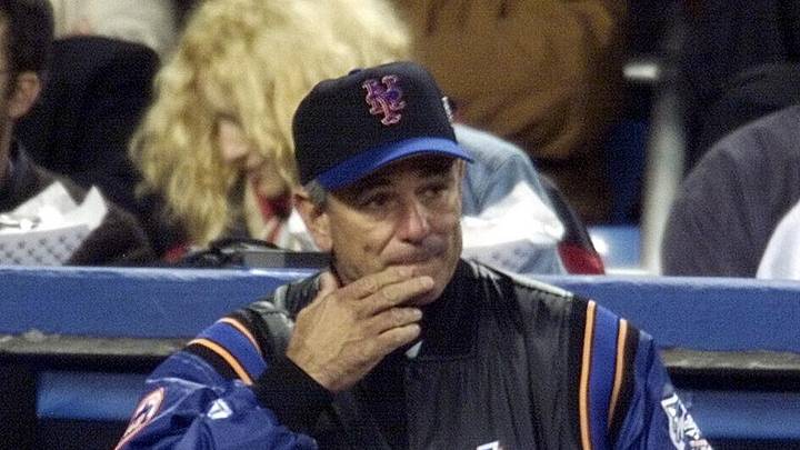 Oct 22, 2000; New York, NY, USA; Mets manager Bobby Valentine ponders a flat Mets team during the fourth inning of the second game of the World Series at Yankee Stadium in New York. Mandatory Credit: H. Darr Beiser/USA TODAY-USA TODAY NETWORK Oct 22, 2000; New York, NY, USA; Mets manager Bobby Valentine ponders a flat Mets team during the fourth inning of the second game of the World Series at Yankee Stadium in New York. Mandatory Credit: H. Darr Beiser/USA TODAY-USA TODAY NETWORK