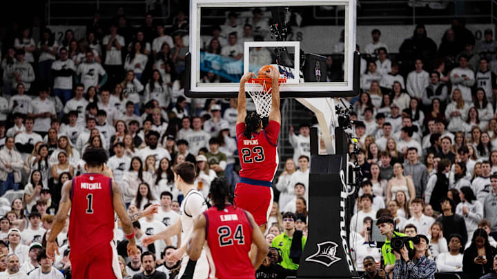 Feb 14, 2026; Providence, Rhode Island, USA; St. John’s basketball forward/guard Bryce Hopkins (23) scores during the first half of the game against the Providence College Friars at Amica Mutual Pavilion. Feb 14, 2026; Providence, Rhode Island, USA; St. John’s basketball forward/guard Bryce Hopkins (23) scores during the first half of the game against the Providence College Friars at Amica Mutual Pavilion.