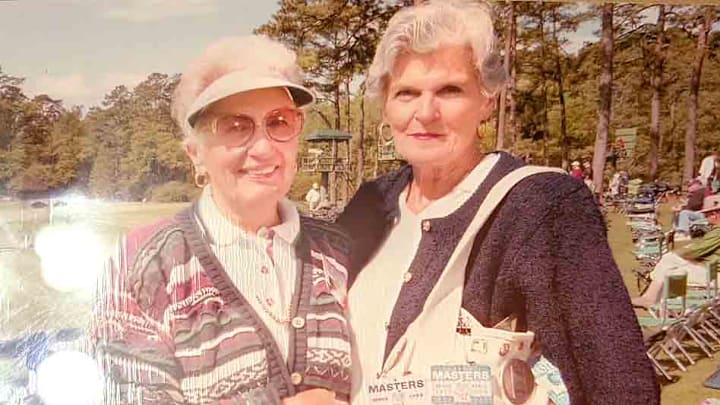 Joan Chittenden, right, with a friend in Amen Corner at the 1998 Masters. Joan Chittenden, right, with a friend in Amen Corner at the 1998 Masters.