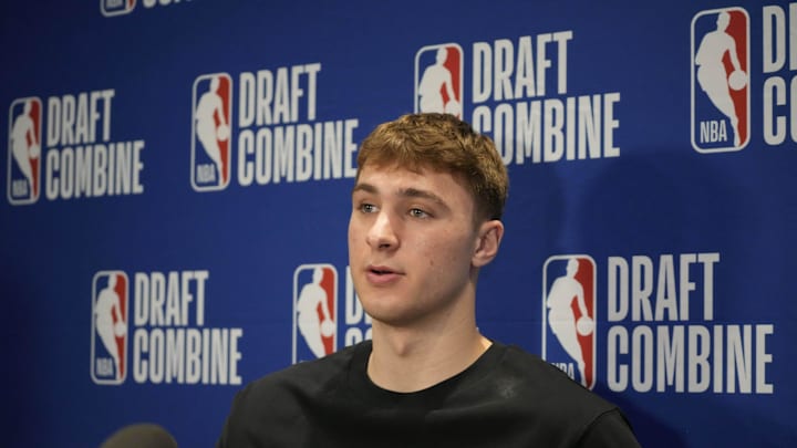 May 14, 2025; Chicago, Il, USA; Cooper Flagg talks to the media during the 2025 NBA Draft Combine at Marriott Marquis Chicago. Mandatory Credit: David Banks-Imagn Images