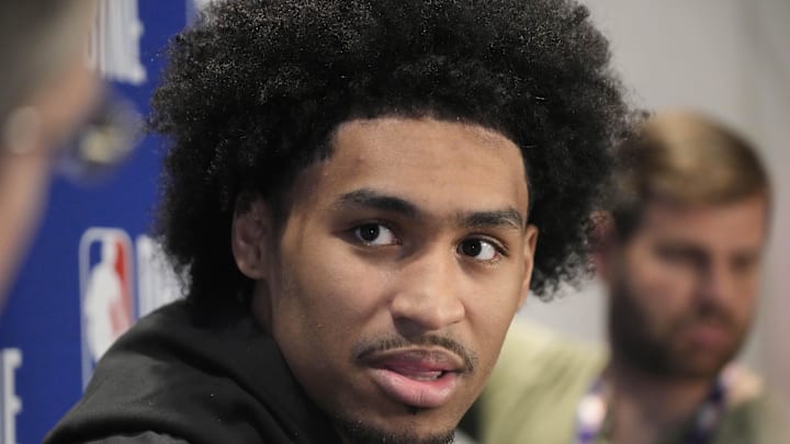 May 14, 2025; Chicago, Il, USA; Dylan Harper talks to the media during the 2025 NBA Draft Combine at Marriott Marquis Chicago. Mandatory Credit: David Banks-Imagn Images