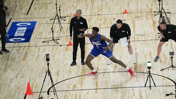 May 12, 2026; Chicago, IL, USA; AJ Dybantsa participates in the 2026 NBA Draft Combine at Wintrust Arena. Mandatory Credit: David Banks-Imagn Images