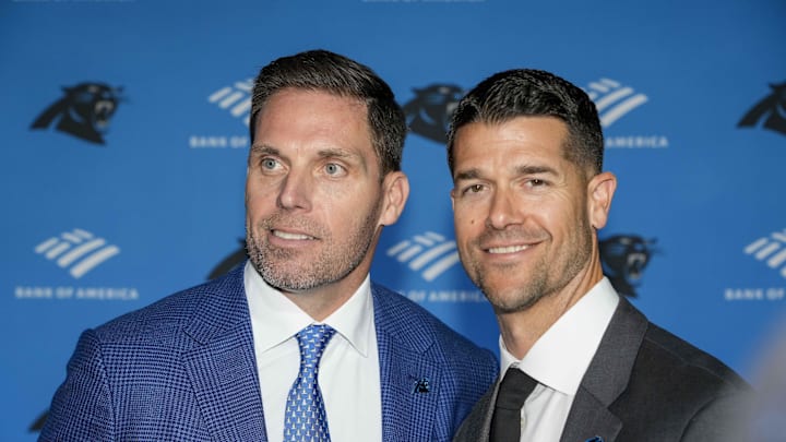 Feb 1, 2024; Charlotte, NC, USA; Carolina Panthers new general manager Dan Morgan and new head coach Dave Canales stand for a photo during the introductory press conference at Bank of America Stadium. Mandatory Credit: Jim Dedmon-Imagn Images Feb 1, 2024; Charlotte, NC, USA; Carolina Panthers new general manager Dan Morgan and new head coach Dave Canales stand for a photo during the introductory press conference at Bank of America Stadium. Mandatory Credit: Jim Dedmon-Imagn Images