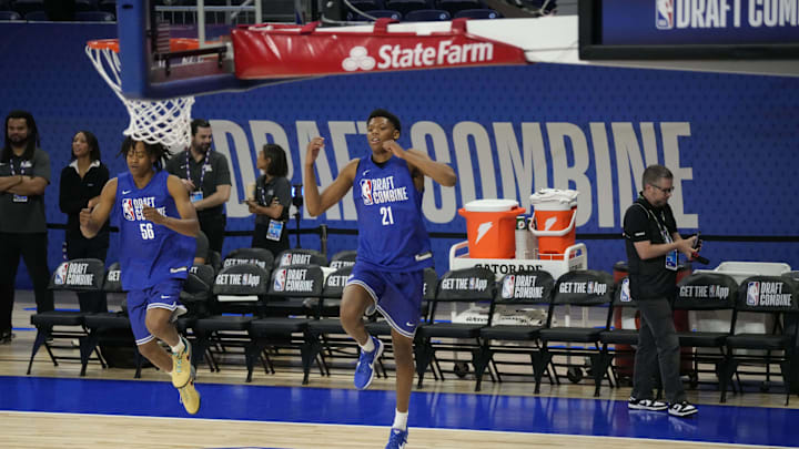 May 13, 2025; Chicago, Il, USA; Ace Bailey (21) and Tre Johnson (56) participate in the 2025 NBA Draft Combine at Wintrust Arena. Mandatory Credit: David Banks-Imagn Images