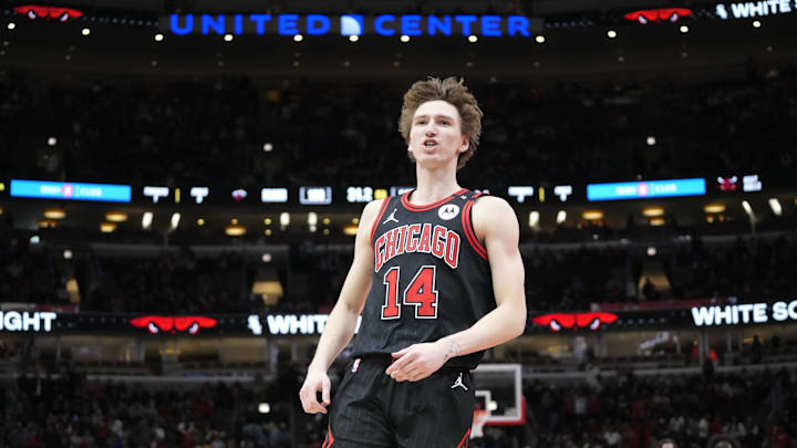 Apr 9, 2025; Chicago, Illinois, USA; Chicago Bulls forward Matas Buzelis (14) celebrates his three point basket against the Miami Heat during the second half at United Center. Mandatory Credit: David Banks-Imagn Images