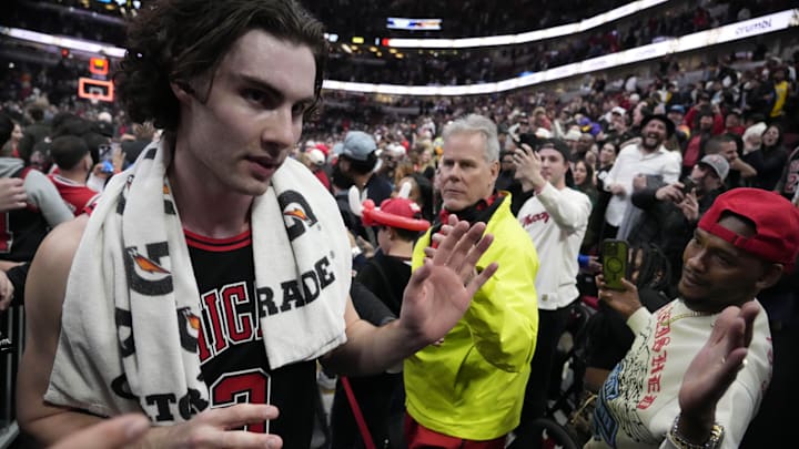 Mar 27, 2025; Chicago, Illinois, USA; Chicago Bulls guard Josh Giddey (3) celebrates after making the game winning three point basket against the Los Angeles Lakers at United Center. Mandatory Credit: David Banks-Imagn Images