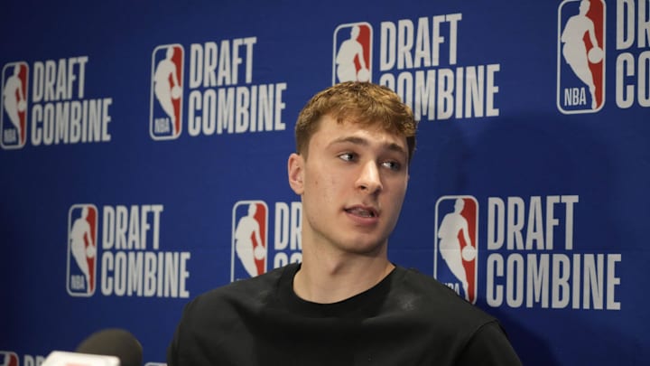 May 14, 2025; Chicago, Il, USA; Cooper Flagg talks to the media during the 2025 NBA Draft Combine at Marriott Marquis Chicago. Mandatory Credit: David Banks-Imagn Images