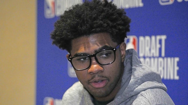 May 14, 2025; Chicago, Il, USA; Jase Richardson talks to the media during the 2025 NBA Draft Combine at Marriott Marquis Chicago. Mandatory Credit: David Banks-Imagn Images