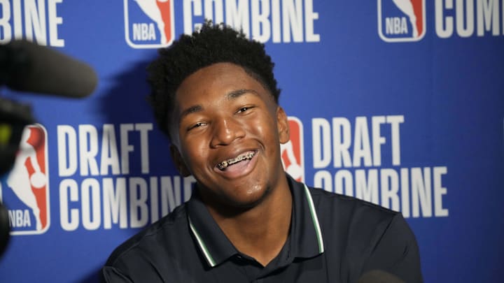 Derik Queen talks to reporters at the NBA draft combine in Chicago.