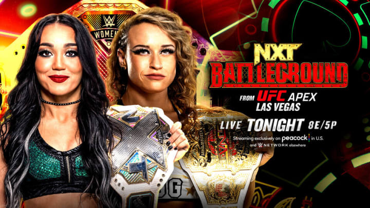 The official graphic for the NXT Women's Championship match between Roxanne Perez and TNA Knockouts Champion Jordynne Grace.