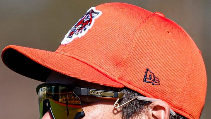 Detroit Tigers pitcher Kenta Maeda warms up during spring training at TigerTown in Lakeland, Fla. on Tuesday, Feb. 20, 2024.