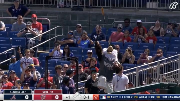 The Braves-Nationals game had a slight delay after the first pitch on Saturday thanks to a bat getting stuck in the net. 