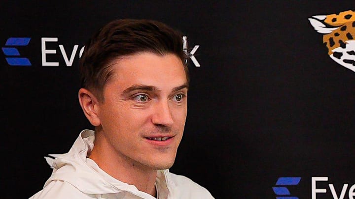 Jaguars General Manager James Gladstone talked about the upcoming NFL Draft during the Jacksonville Jaguars’ annual pre-draft luncheon press conference in the media room at the Miller Electric Center Thursday April 9, 2026 in Jacksonville, Fla. [Doug Engle/Florida Times-Union]