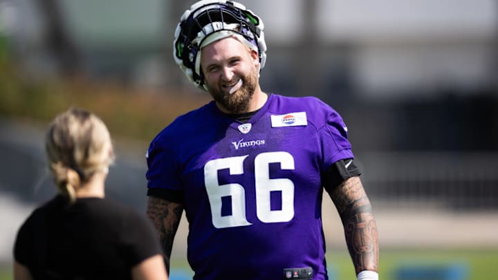 An image of Dalton Risner at training camp practice day 1 on July 24, 2024 at TCOPC in Eagan, MN. Via: Andy Kenutis, Minnesota Vikings Football, LLC