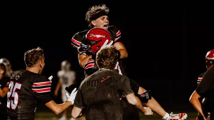 Shelbyville (Texas) players celebrate after rallying in the final seconds to defeat district rival Joaquin, 40-39, on Oct. 8, 2026. Shelbyville (Texas) players celebrate after rallying in the final seconds to defeat district rival Joaquin, 40-39, on Oct. 8, 2026.