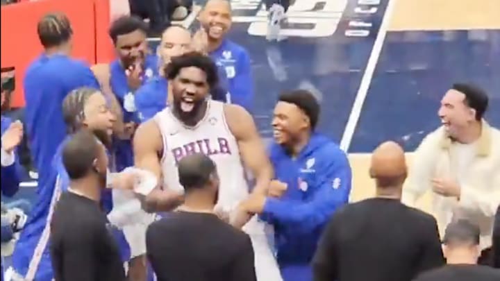 Joel Embiid and the Sixers turned their attention to a fan after beating the Wizards. Joel Embiid and the Sixers turned their attention to a fan after beating the Wizards.
