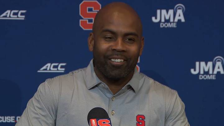 Syracuse coach Fran Brown smiles as he interacts with the media Monday at the Lally Athletics Complex. The Orange host 16th/19th ranked SMU Saturday in the Dome. Syracuse coach Fran Brown smiles as he interacts with the media Monday at the Lally Athletics Complex. The Orange host 16th/19th ranked SMU Saturday in the Dome.