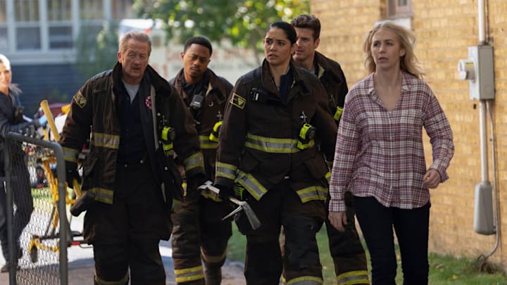 CHICAGO FIRE -- "Quicksand" Episode 13008 -- Pictured: (l-r) Christian Stolte as Randy "Mouch" McHolland, Daniel Kyri as Darren Ritter, Miranda Rae Mayo as Stella Kidd, Jake Lockett as Sam Carver 