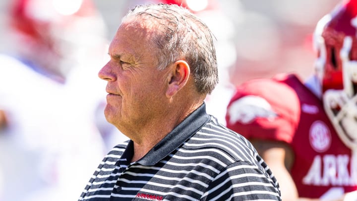 Arkansas Razorbacks coach Sam Pittman during the Red-White game at Razorback Stadium in Fayetteville, Ark., on April 13, 2024. Arkansas Razorbacks coach Sam Pittman during the Red-White game at Razorback Stadium in Fayetteville, Ark., on April 13, 2024.