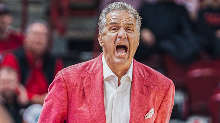 Arkansas Razorbacks coach John Calipari yelling at his team in a 92-62 win over Oakland at Bud Walton Arena in Fayetteville, Ark.
