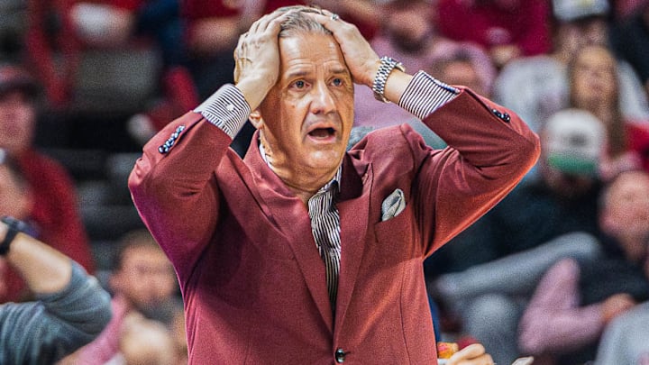 Arkansas Razorbacks coach John Calipari reacts in frustration during the Oklahoma game at Bud Walton Arena in Fayetteville, Ark.