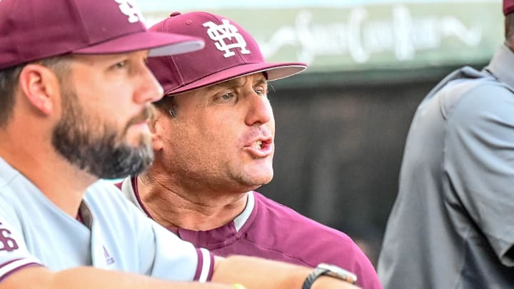 Mississippi State Bulldogs coach Chris Lemonis in the dugout during a game against the Arkansas Razorbacks in Fayetteville, Ark. Mississippi State Bulldogs coach Chris Lemonis in the dugout during a game against the Arkansas Razorbacks in Fayetteville, Ark.
