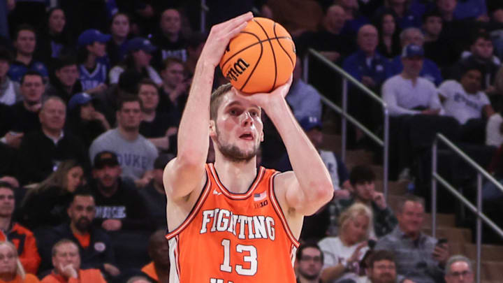 Feb 22, 2025; New York, NY, USA;  Illinois Fighting Illini center Tomislav Ivisic (13) takes a three-point shot in the second half against the Duke Blue Devils at Madison Square Garden. Mandatory Credit: Wendell Cruz-Imagn Images