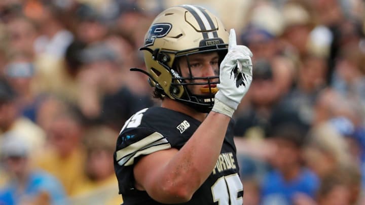 Purdue Boilermakers defensive end Will Heldt (15) reacts after a defensive stop Saturday, Aug. 31, 2024, during the NCAA football game against the Indiana State Sycamores at Ross-Ade Stadium in West Lafayette, Ind. Purdue Boilermakers won 49-0.