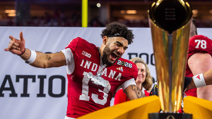 Indiana's Elijah Sarratt (13) celebrates after the College Football Playoff National Championship college football game at Hard Rock Stadium in Miami Gardens on Monday, Jan. 19, 2026.