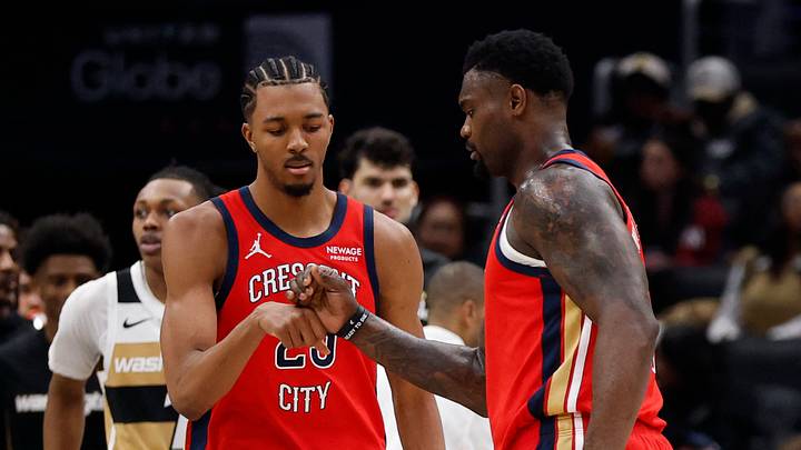 Jan 9, 2026; Washington, District of Columbia, USA; New Orleans Pelicans forward Trey Murphy III (25) celebrates with Pelicans forward Zion Williamson (1) against the Washington Wizards in the second half at Capital One Arena. Mandatory Credit: Geoff Burke-Imagn Images Jan 9, 2026; Washington, District of Columbia, USA; New Orleans Pelicans forward Trey Murphy III (25) celebrates with Pelicans forward Zion Williamson (1) against the Washington Wizards in the second half at Capital One Arena. Mandatory Credit: Geoff Burke-Imagn Images