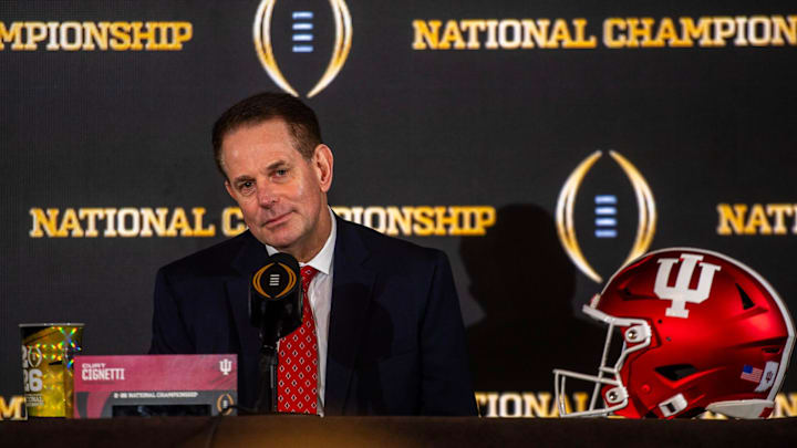 Indiana Head Coach Curt Cignetti speaks at the coaches press conference during the College Football Playoff on Sunday, Jan. 18, 2025.