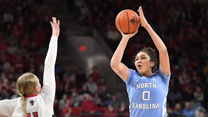 North Carolina's Alexandra Zelaya (0) takes the jump shot over N.C State's Maddie Cox (11) during