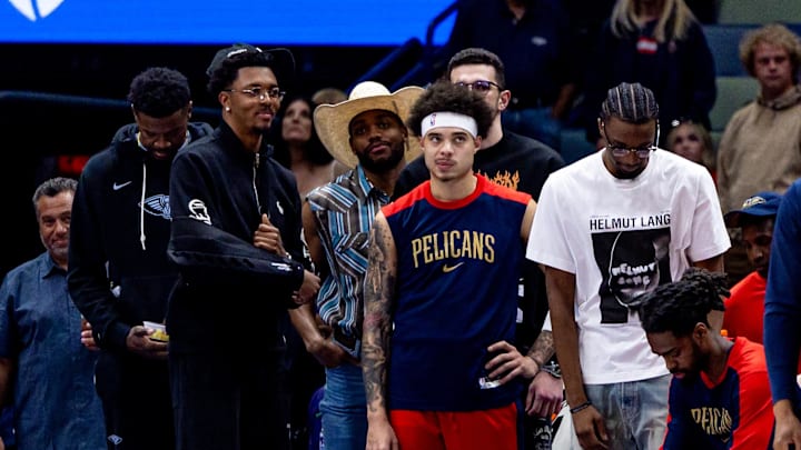 Apr 11, 2025; New Orleans, Louisiana, USA;  New Orleans Pelicans bench reacts to a play against the Miami Heat during the first half at Smoothie King Center. Mandatory Credit: Stephen Lew-Imagn Images