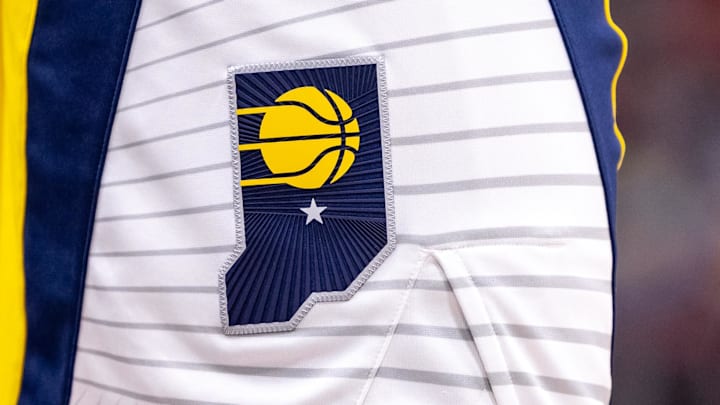 Nov 1, 2024; New Orleans, Louisiana, USA;  Details view of the Indiana Pacers logo against the New Orleans Pelicans during the second half at Smoothie King Center. Mandatory Credit: Stephen Lew-Imagn Images