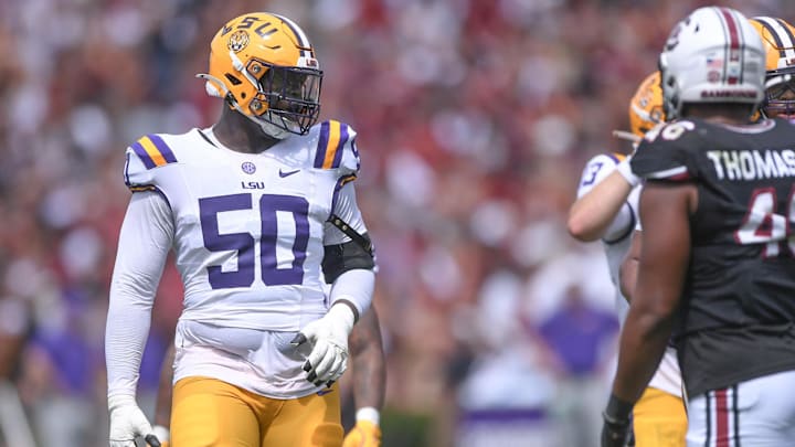 Sep 14, 2024; Columbia, South Carolina, USA; LSU Tigers offensive lineman Emery Jones Jr (50) looks on during the second quarter against the South Carolina Gamecocks at Williams-Brice Stadium. Mandatory Credit: Ken Ruinard/USA TODAY Network via Imagn Images
