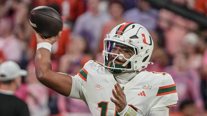 Miami Hurricanes quarterback Darian Mensah (10) during warm up time before kickoff at Memorial Stadium in Clemson at Memorial Stadium Saturday, October 3, 2026. Miami Hurricanes quarterback Darian Mensah (10) during warm up time before kickoff at Memorial Stadium in Clemson at Memorial Stadium Saturday, October 3, 2026.