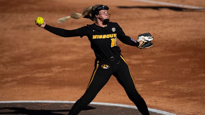 Missouri Tigers pitcher Marissa McCann (10) holds a 9-9 record in 28 appearances across 120.2 innings with 109 strikeouts and an ERA of 3.54.