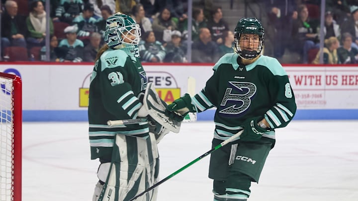 Boston Fleet goaltender Aerin Frankel and Hailey Winn during a game vs. Toronto at Agganis Arena at Boston University on Tuesday, March 17, 2026.