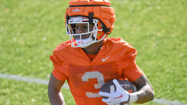 Clemson receiver Marquise Henderson (3) during the first football practice at the Allen N. Reeves Football Complex at Clemson University in Clemson, S.C. Friday, February 28, 2025.