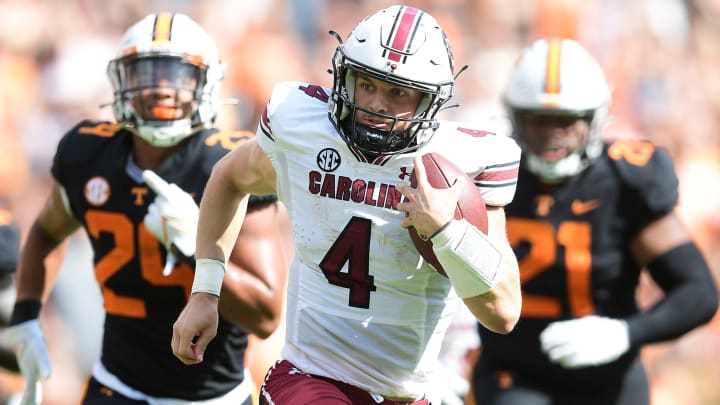 South Carolina quarterback Luke Doty (4) runs the ball down the field during an NCAA college football game between the Tennessee Volunteers and the South Carolina Gamecocks in Knoxville, Tenn. on Saturday, Oct. 9, 2021.
Kns Tennessee South Carolina Football South Carolina quarterback Luke Doty (4) runs the ball down the field during an NCAA college football game between the Tennessee Volunteers and the South Carolina Gamecocks in Knoxville, Tenn. on Saturday, Oct. 9, 2021.
Kns Tennessee South Carolina Football